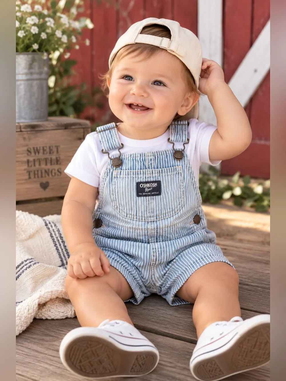 OshKosh B’gosh Baby Railroad Stripe Vestbak Shortalls Overalls 12M Blue White